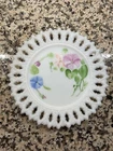 Vintage Milk Glass  Scalloped Edge 7.5” Plate Hand Painted Morning Glory Flowers
