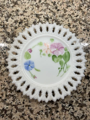 Vintage Milk Glass  Scalloped Edge 7.5” Plate Hand Painted Morning Glory Flowers