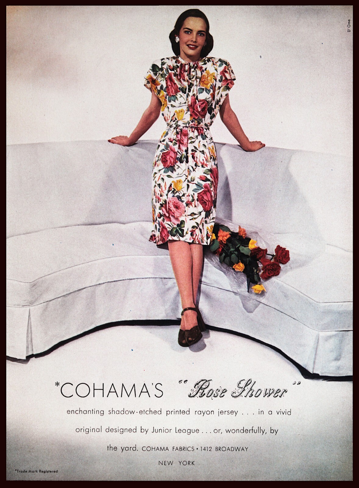 Vintage 1944 Cohama's Rose Shower Women's Fashion Floral Fabric Dress PRINT AD