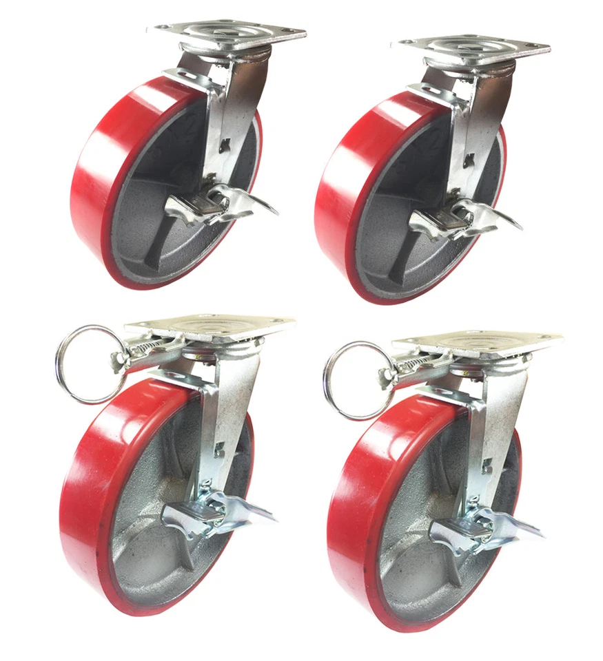 HYWPRODUCTS 4 Casters Set 8" X 2" Swivel Lock Polyurethane on Cast Iron Wheels No Mark Red