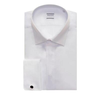 XACUS Herren Zeremonie Hemd Doppel Handgelenke Italienischer Kragen Twill Farbe Weiß