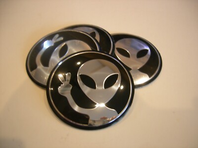 ALIEN SILVER/BLACK CENTER CAP  EMBLEMS SET 4 ALUMINUM STICKERS DECAL 2 3/16''
