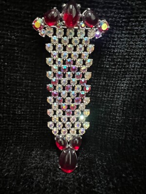 Vintage SCHIAPARELLI Red Cabochon & Aurora Borealis Rhinestone Brooch/Pendant