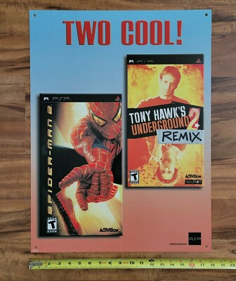 TWO COOL SPIDER-MAN & TONY HAWK Video Game Store Display Sign 18X24 PSP