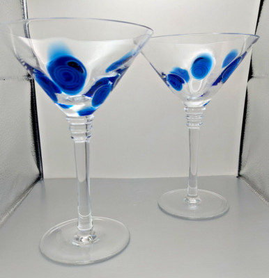 Stephen Kramer Vietri Italy Blue Dot Swirl Drop Martini Glasses Set of Two