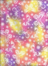 New White Butterflies  Flowers on Pink Purple Yellow Flannel Fabric by the Yard