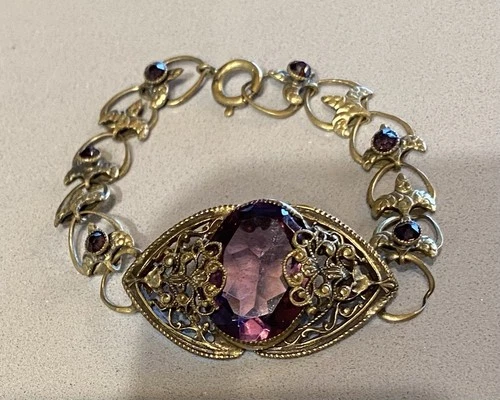 Vintage Costume Jewelry AMETHYST-like Gold Clasp BRACELET Purple Jewel Gemstone