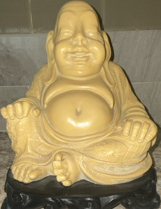 Laughing Buddha Buddhism Figurine Statue on Black Base Beige/Gold Tone