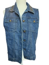 Vintage Tan Jay Western Embroidered Denim Vest Boho Pailettes Women's Size 12