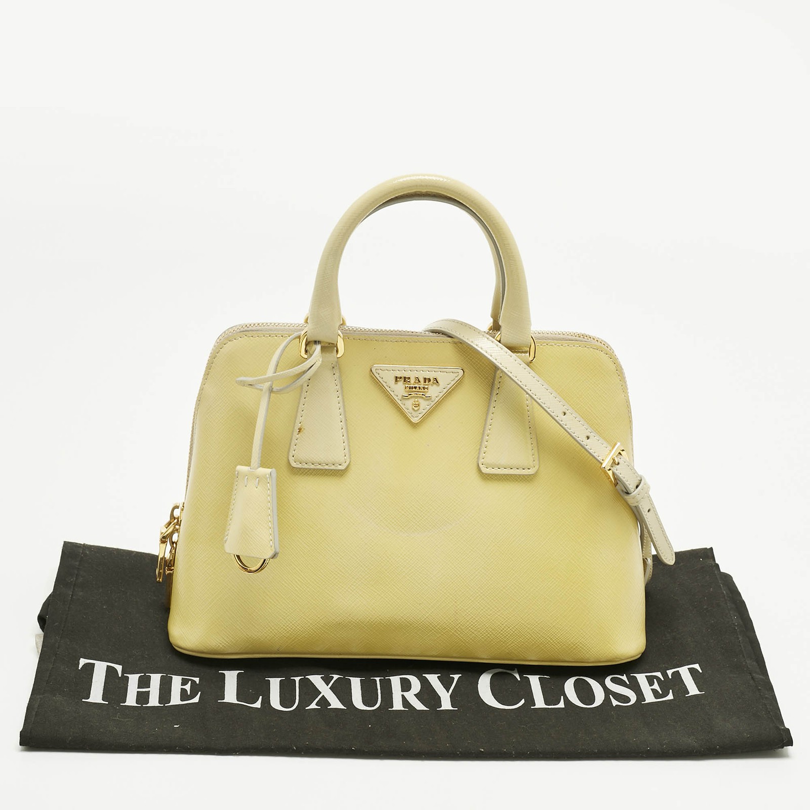Prada Light Yellow Saffiano Patent Lux Leather Small Promenade Satchel thumbnail 12