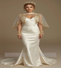 Elegant Mermaid Wedding Dresses With Cape Gold Lace Soft Satin Gold Lace Gowns