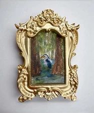 ORIGINAL Blue Heron watercolor painting in mini gold vintage style ornate frame