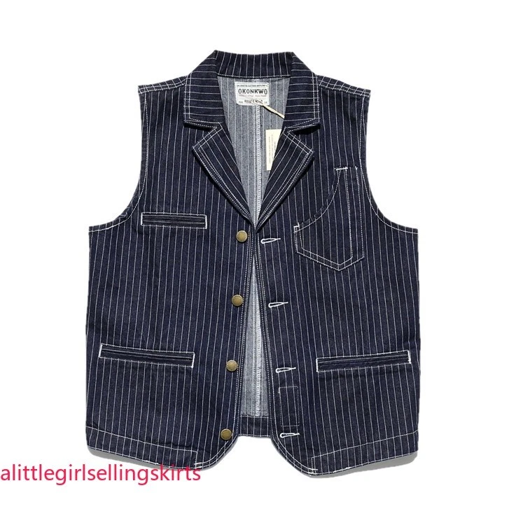 Mens American Retro Striped Denim Vest Lapel Multi-Pocket Workwear Waistcoat