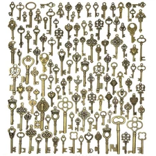 125 PCS Vintage Skeleton Key Set Charms, Mixed Antique Style Bronze Brass for