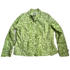 Coldwater Creek Jacket L Heavy Cotton Green Floral Full Zip Coastal Grandma