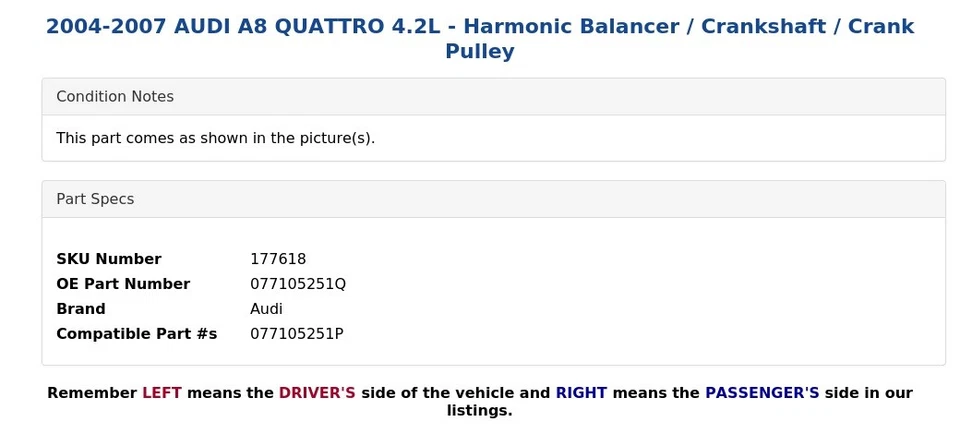 2004-2007 AUDI A8 QUATTRO 4.2L - Harmonic Balancer / Crankshaft / Crank Pulley - Image 3 of 4