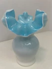 Milk Glass Ruffle Top Vintage White with Blue Interior Bud Vase 5"
