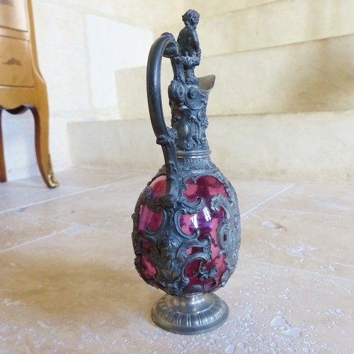 SUPERB LATE 19th CENTURY RUBY RED GLASS & PEWTER DECANTER BOTTLE - Picture 8 of 14