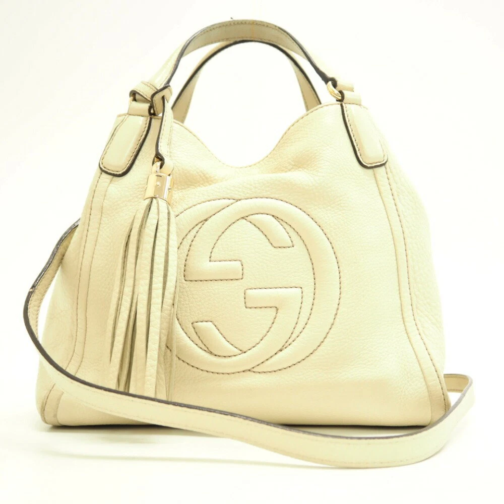 GUCCI Soho Interlocking G Tassel Bag 2WAY Beige Leather Shoulder Bag #GC087