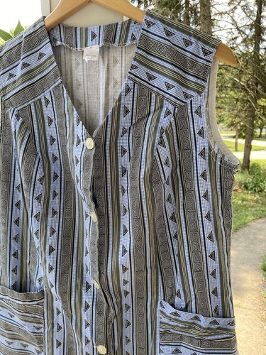 Vestido vintage M House con botones de plumero frontal sin mangas azul gris bolsillos abuela - Imagen 5 de 8