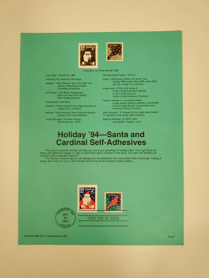Holiday ' 94- Santa and Cardinal Self Adhesives Stamp Sheet MN 1994 Vintage - Image 4 of 4