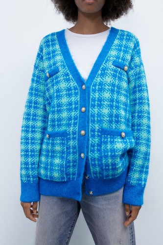 ZARA CHECK KNIT CARDIGAN LONG BLUE 