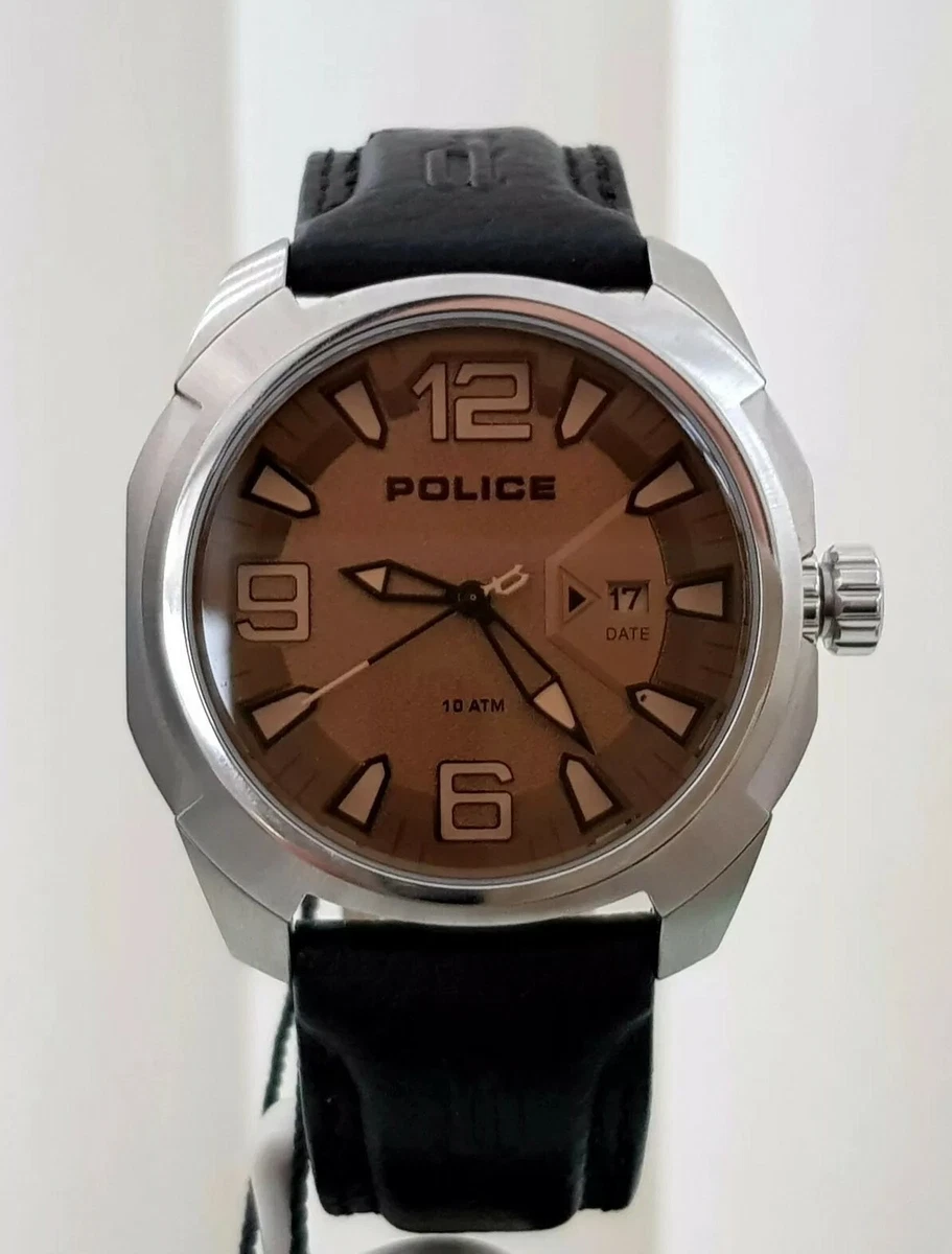 New Genuine POLICE Mens watch Brown dial Black Leather Strap RRP 210 PO54