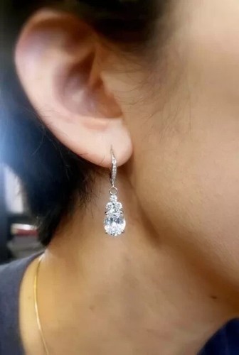 4Ct Oval Cut D/VVS1 Moissanite Drop Lever Back Earrings 14K White Gold Plated - Picture 4 of 8