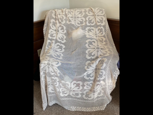 54 X 73” Vintage Hand Crocheted Cotton Coverlet Lace Twin Bedspread Curtain