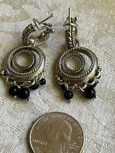 Designer Judith Ripka Twisted Hoop Black Onyx Dangle Charm Earrings 16.36g - Picture 5 of 7