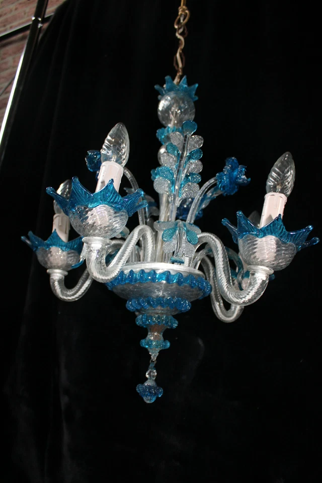 Murano hand blown blue clear glass chandelier lamp italian 1970  - Image 4 of 4