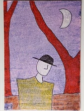 e9Art ACEO man in bowler hat at night outsider art brut naive