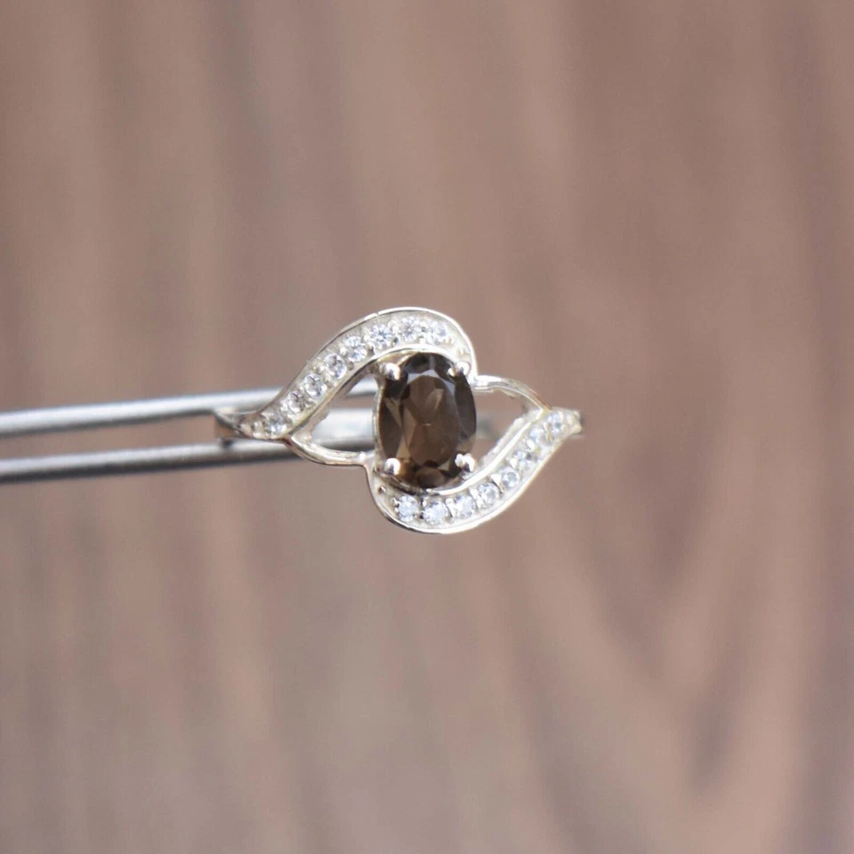 Oval Smoky Quartz 925 Sterling Silver Solitaire with Accents Women Ring - Image 3 of 4