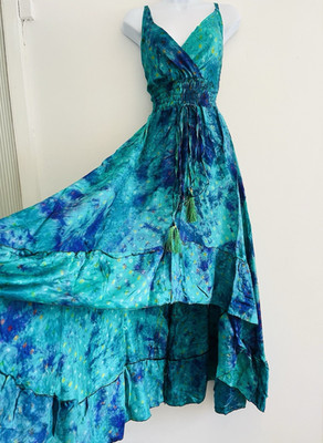 Blaues Kleid lang grün Bohemian Batik Hippie Vintage Boho Maxi Festival fließend