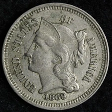1869 Three Cent Nickel Piece AU RPD E160 DINZ