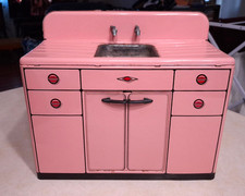 Vintage Marx Toys Tin Litho Kitchen Sink Pink Metal Toy 1950s Furniture Cabinet