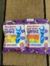 2 Plackers Kids Dual Gripz 75 Dental Flossers +Fluoride Fruit Smoothie Swirl F/S