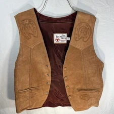 Vintage Sears Men's The Leather Shop Suede Vest Size Lg LP Western Horse Etched