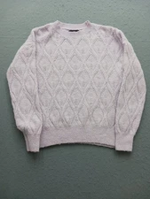 MNG Women M Sweater Pink Metallic Lace Knit Crew Neck Long Sleeve Fuzzy Soft