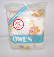 Vintage OWEN Crib Blankets 2 Pack Teddy Bear Print and White with Pink Trim