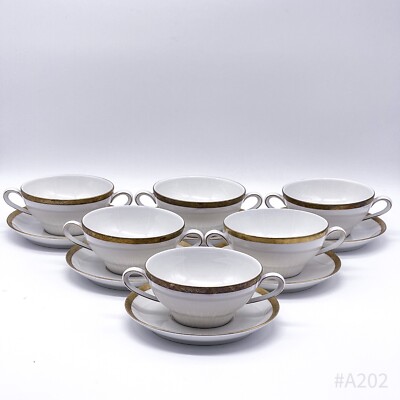 6x Vintage Scherzer Bavaria Suppentassen mit Untertasse, Goldrand - Germany