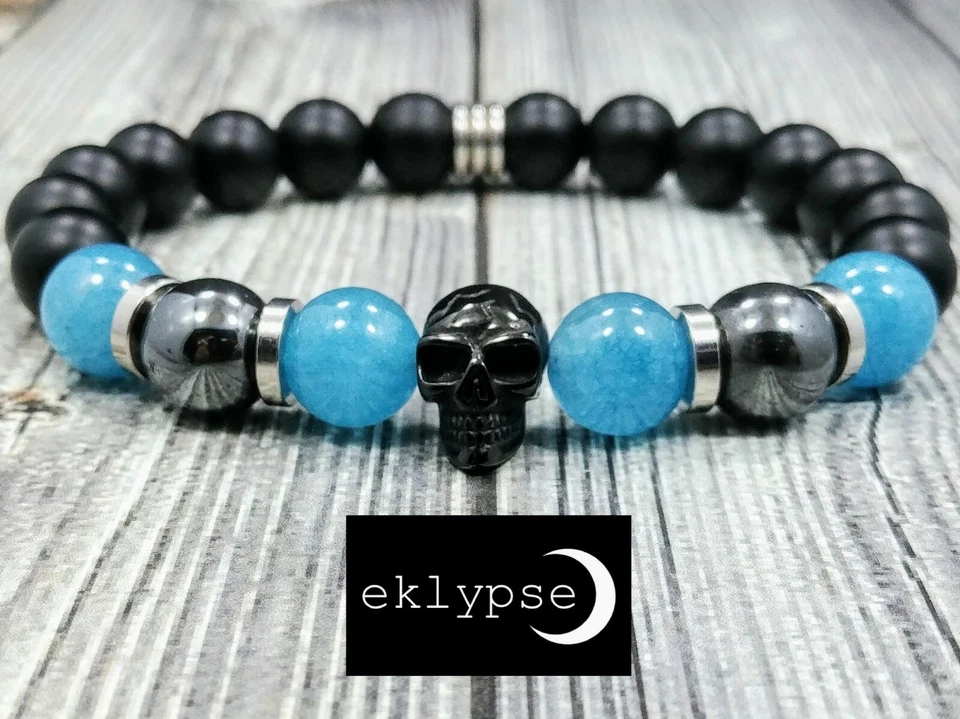 Pulseira de contas 8"L CAVEIRA DE AÇO INOXIDÁVEL PRETO 10mm ônix + hematita + pedra preciosa de jade - Imagem 3 de 4