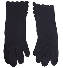 Vintage Womens Size M/L Black Thin Suede Scallop Edge Formal Gloves 11" Long