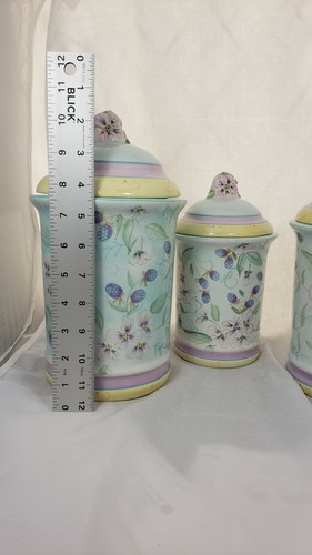 Vintage Luftdicht 3er Set Keramik Kanister Blau Lila Blumen Brombeere - Bild 7 von 9