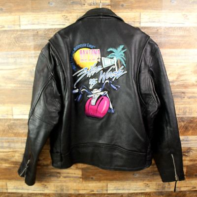 Vintage First Genuine Leather Mens Biker Jacket Size 46 Black heavy