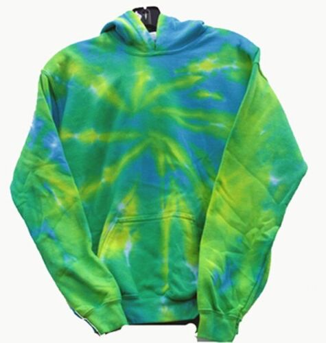 YOUTH KIDS YL Blue Green Yellow Swirl TIE DYE HOODY Hooded Sweatshirt YOUTH LRGE