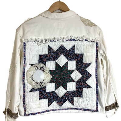 Upcycled Quilted Linen Blend Womens Jacket Size M Boho OOAK Shabby Chic Patches 