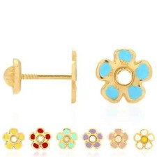Solid 14k Yellow Gold Baby Enamel Flower Earrings with Screw Back Fastening
