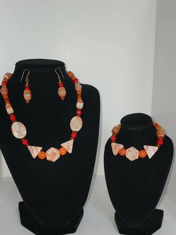 Precioso conjunto de joyas de cristal de Swarovski carniliano, mármol, topacio. Envío gratuito. Foto 3 de 4