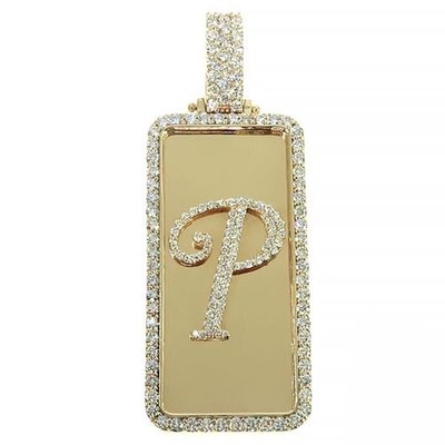 2Ct Lab Created Diamond Dog Tag Initial P'' Letter Pendant 14k Yellow Gold Plated